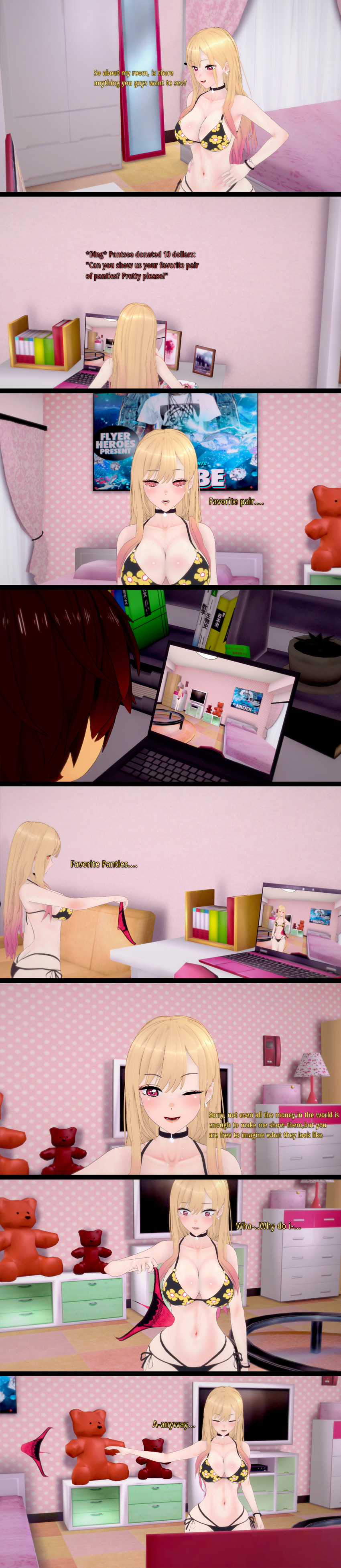 3d absurdres bikini blush bracelet breasts camera collar collarbone complex_background computer dialogue earrings embarrassed english_text eyebrows_visible_through_hair eyelashes eyeshadow femsub floral_print flower hourglass_figure jewelry koikatsu! lace large_breasts long_hair makeup maledom marin_kitagawa memory_lapse midriff multicolored_hair my_dress-up_darling navel panties public_use red_eyes sequence smile spiralwash_eyes sugus tech_control text trigger unaware underwear