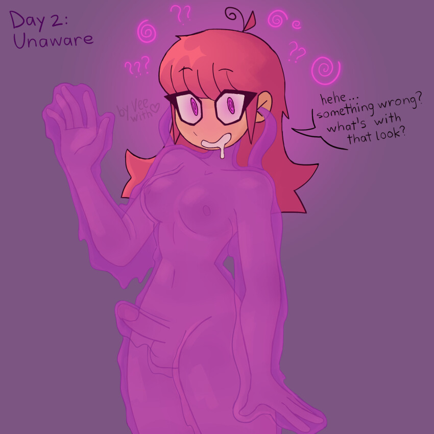 ahoge breasts collarbone confused drool erection female_only femsub glowing glowing_eyes happy_trance hypnovember looking_at_viewer navel nipples original parasite penis purple_eyes red_hair see-through slime smile solo spiral_eyes text transgender_identity unaware virtualgirlthing