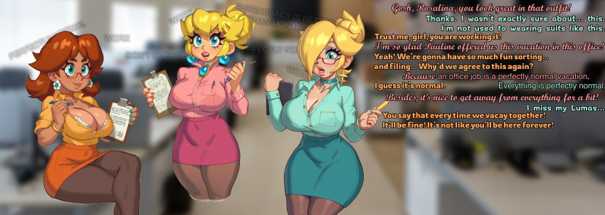 absurdres breasts caption cleavage clipboard corporatification dialogue female_only femsub glasses hypnotic_music large_breasts manip mantra multiple_subs nintendo office office_lady pantyhose peppermintspiral_(manipper) princess_daisy princess_peach princess_rosalina rizdraws subliminal super_mario_bros. text