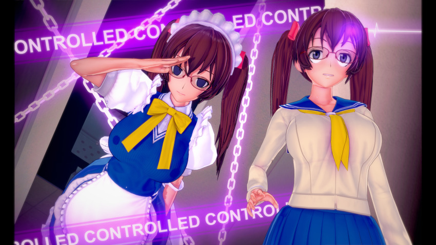 3d air_gear bangs beam before_and_after blue_eyes bow bow_tie breasts brown_hair chains empty_eyes expressionless eye_roll femsub glasses koikatsu! large_breasts maid maid_headdress ringo_noyamano saluting school_uniform shadow1333 skirt standing standing_at_attention sweater text twintails uniform