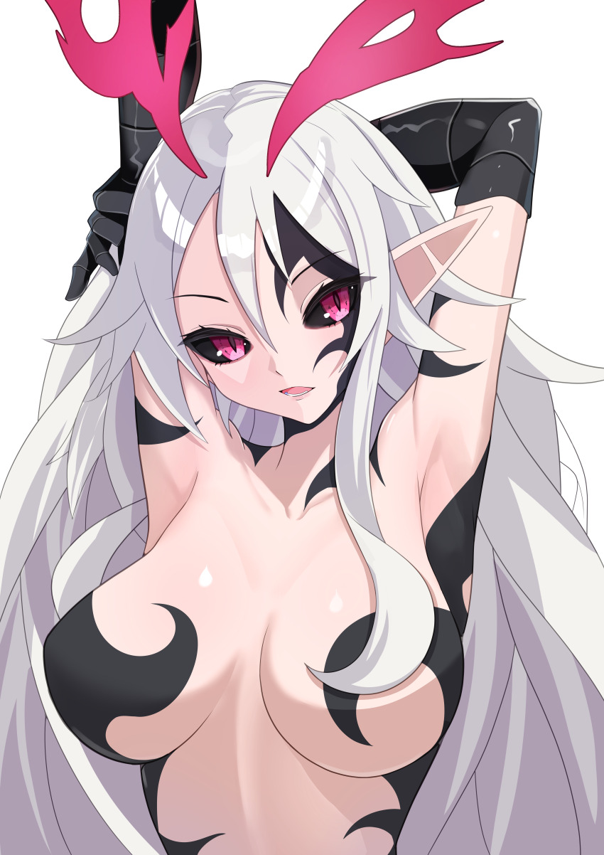 absurdres alternate_costume arms_above_head aura black_sclera body_markings breasts brother_and_sister cleavage control_indicator corruption disgaea disgaea_5 eye_color_change facial_markings femsub hair_color_change large_breasts liezerota liezerota_dark maledom octpus possession red_eyes simple_background spoilers very_long_hair void_dark white_background
