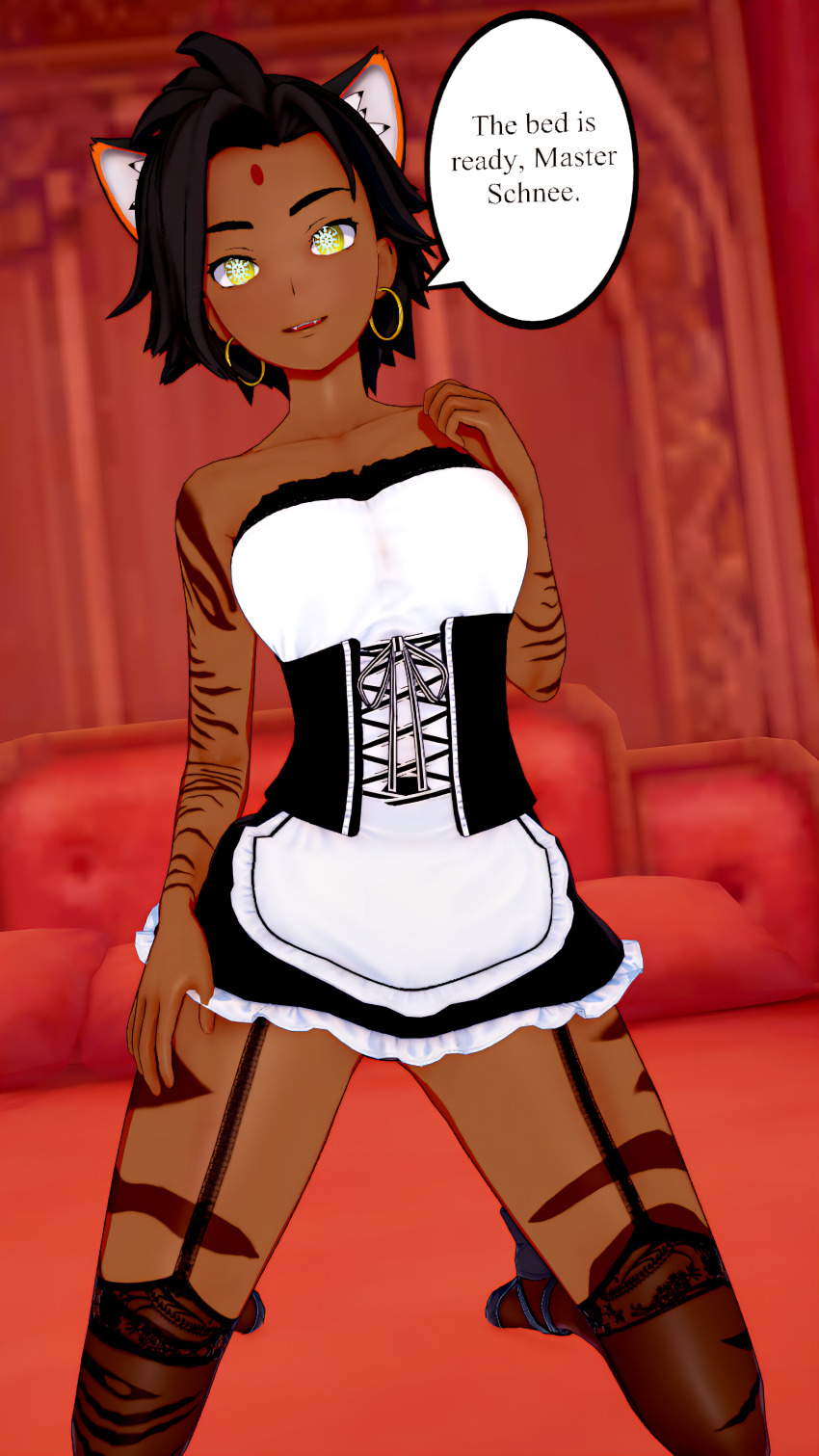 black_hair dark_skin dialogue female_only femsub koikatsu! maid perfect_idiot rwby sienna_khan symbol_in_eyes tiger_girl yellow_eyes