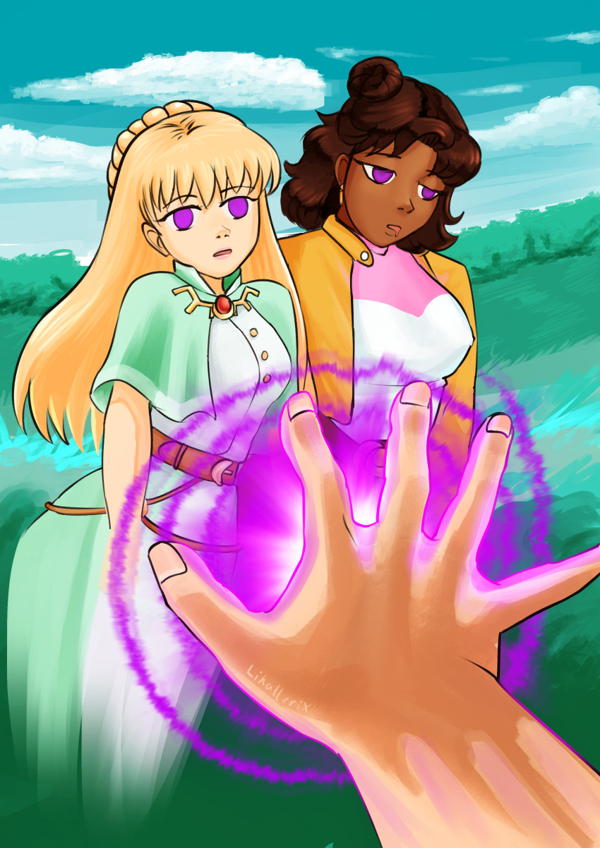 belt blonde_hair brown_hair cape celine_(fields_of_mistria) dark_skin dress drool earrings expressionless eye_color_change eyebrows_visible_through_hair female_only femsub fields_of_mistria hair_buns jacket jewelry leaning_forward lihallerix_(artist) long_hair long_skirt magic multiple_girls multiple_subs open_mouth outdoors purple_eyes reina_(fields_of_mistria) sequence shirt skirt spiral_eyes tied_hair