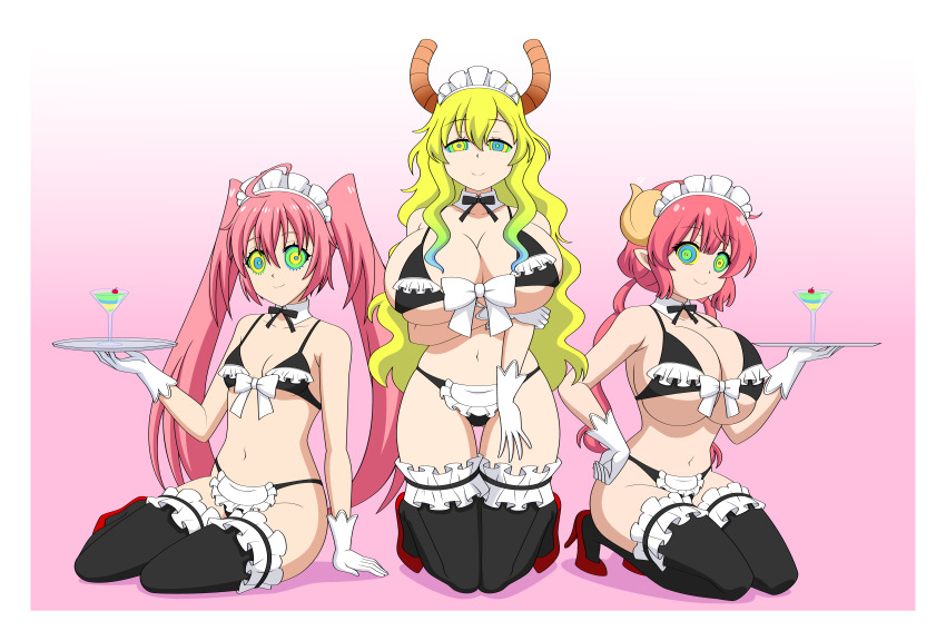 absurdres ahoge bikini blonde_hair bow_tie cleavage dragon_girl female_only femsub gloves happy_trance high_heels horns huge_breasts hypnotic_drink iruru_(miss_kobayashi&#039;s_dragon_maid) jimryu kaa_eyes kneeling long_hair maid milim_nava miss_kobayashi&#039;s_dragon_maid multiple_girls multiple_subs navel pink_hair quetzalcoatl_(maidragon) simple_background small_breasts smile that_time_i_got_reincarnated_as_a_slime thighhighs tray twintails very_long_hair