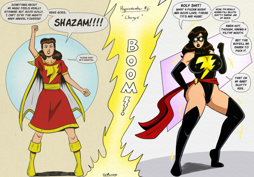 breast_expansion brown_hair cape comic dc_comics dress erect_nipples erect_nipples_under_clothes female_only femsub glowing_eyes hypnovember leotard long_hair marvel_comics mary_marvel mask ms._marvel polmanning shazam super_hero transformation