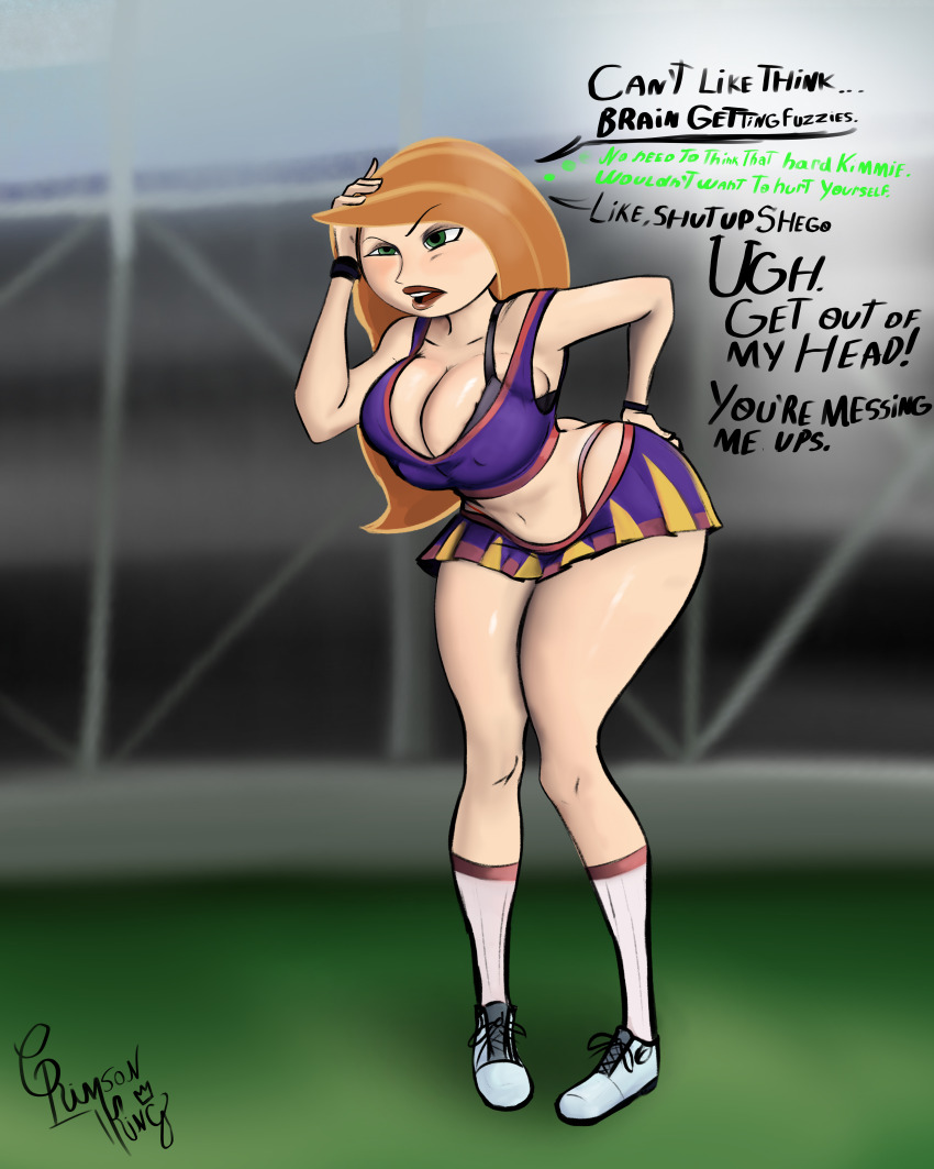 absurdres bimbofication bracelet brain_drain cheerleader cleavage collarbone crop_top darth-deimus dialogue disney female_only femdom femsub green_eyes hand_on_head hand_on_hip kim_possible kim_possible_(series) large_breasts leaning_forward long_hair midriff miniskirt open_mouth outdoors red_hair resisting signature skirt sneakers socks solo tank_top text thong thought_bubble