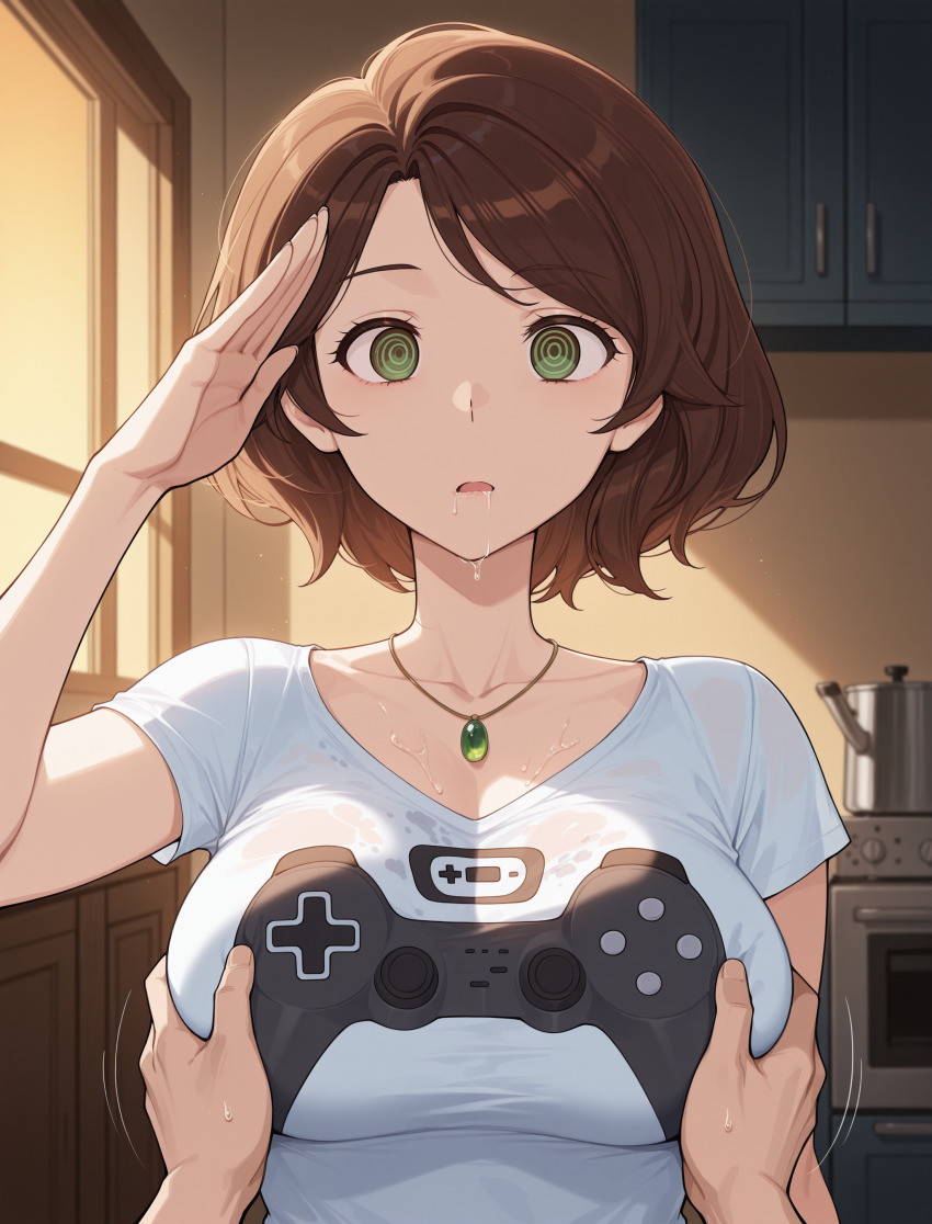 ai_art big_hero_6 breast_grab brown_hair cass_hamada clothed disney drool femsub large_breasts milf rule_of_thetra_(generator) saluting spiral_eyes stable_diffusion_(ai) t-shirt