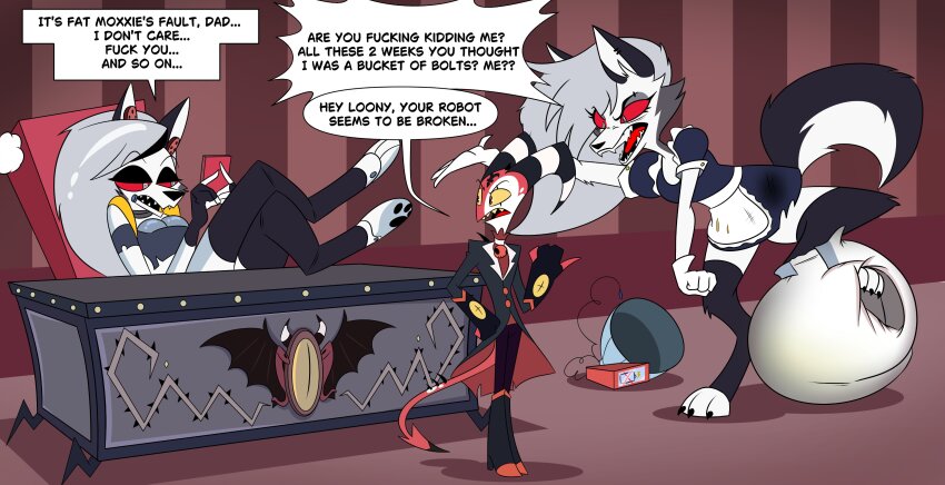 absurdres alternate_costume angry animal_ears blitzo_(helluva_boss) chair clothed crossed_legs demon dialogue diaper english_text feet furry grey_hair helluva_boss horns lev0na long_hair loona_(helluva_boss) maid red_skin robot robotization sitting speech_bubble standing table tail tech_control text thighhighs urination very_long_hair wolf_girl yellow_sclera