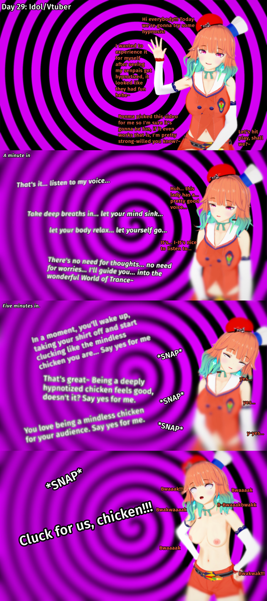 3d absurdres chicken_pose consensual drool english_text exposed_chest eye_roll female_only femdom femsub finger_snap hololive hypnotic_video hypnovember kiara_takanashi koikatsu! limp liz_b midriff orange_hair pet_play pink_eyes sleepy spiral text virtual_youtuber