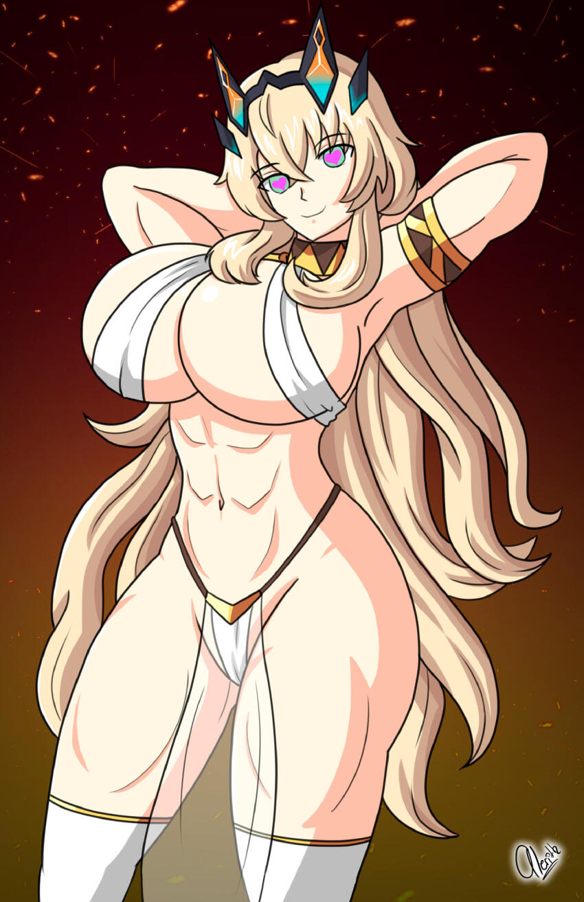 abs alerith alternate_costume arms_above_head barghest_(fate) blonde_hair breasts cleavage command_seal dancer dancing fate/grand_order fate_(series) female_only femsub happy_trance harem_outfit heart heart_eyes huge_breasts large_breasts legs long_hair looking_at_viewer midriff muscle_girl navel nintendo smile symbol_in_eyes thick_thighs thighhighs thighs veil very_long_hair