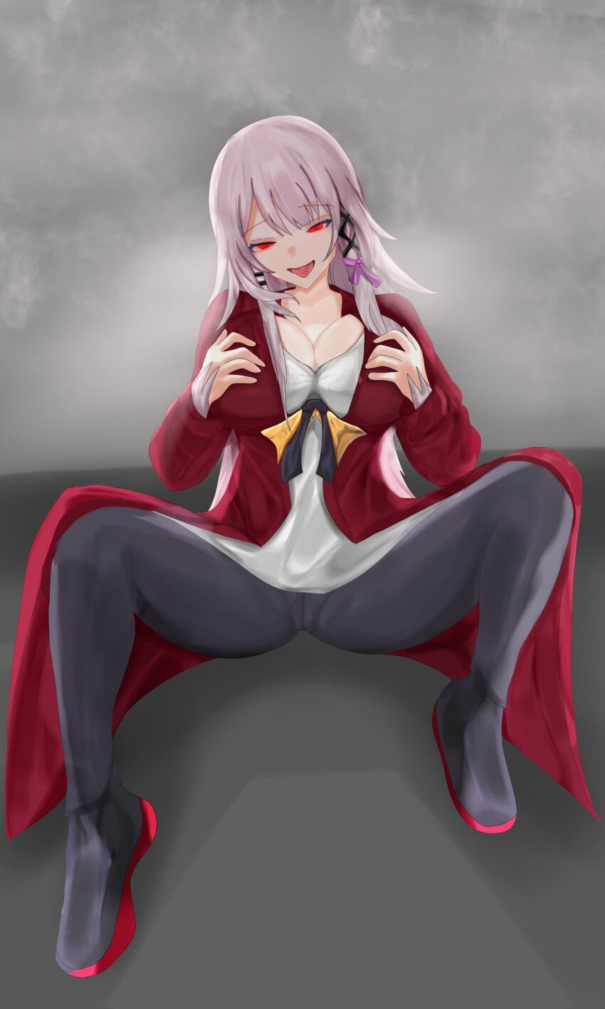 a_(adzrcool45) alternate_costume breast_fondling breasts brown_hair cleavage clothed cosplay costume eye_color_change femsub glowing_eyes herta_(honkai_star_rail) honkai_star_rail large_breasts maledom original red_eyes shoes simple_background sitting very_long_hair white_background yang_yang