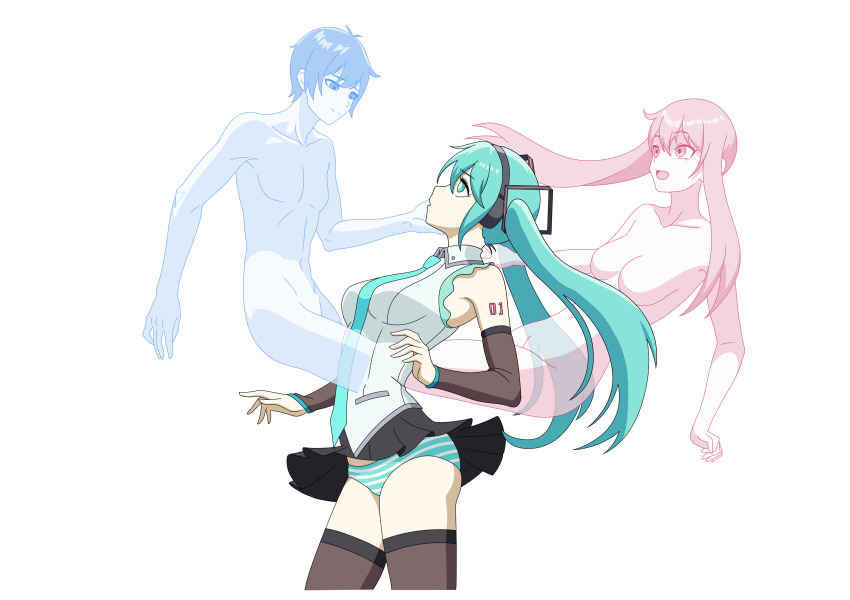 alternate_form bare_legs bare_shoulders blue_eyes blue_hair breasts chair chin_hold empty_eyes exposed_chest expressionless femsub floating ghost ginyu1992 green_eyes green_hair legs long_hair maledom midriff miku_hatsune navel open_mouth original panties possession red_eyes red_hair short_hair skirt smile standing standing_at_attention surprised tattoo thighhighs thighs tie twintails vocaloid white_background