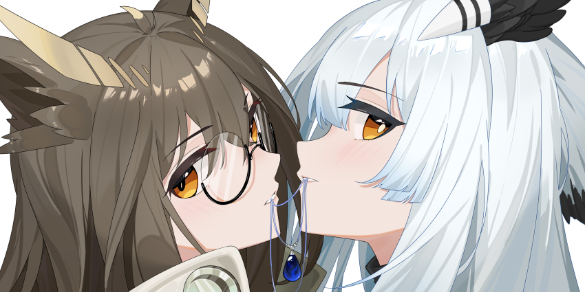 absurdres animal_ears anonymous_artist arknights before_and_after brown_hair eyebrows_visible_through_hair female_only glasses halo jewelry multiple_girls ptilopsis silence_(arknights) simple_background white_background white_hair yellow_eyes