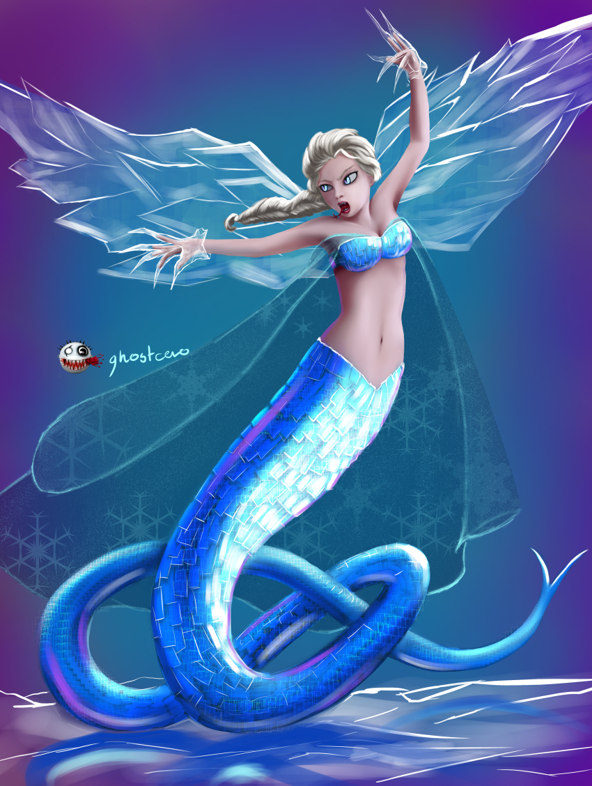 absurdres blonde_hair blue_eyes cape corruption disney fangs forked_tongue frozen ghostcero glowing glowing_eyes monster_girl naga_girl princess queen_elsa snake_girl transformation wings