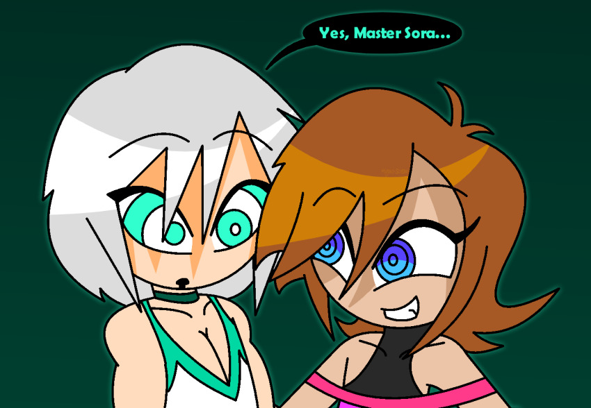 aged_up androgynous_dom bangs bare_shoulders bisexual blue_eyes brown_hair choker collarbone crop_top disney drool eyebrows_visible_through_hair eyelashes green_background green_eyes hypnoscream kingdom_hearts maledom malesub muscle_boy pride_colors riku ring_eyes shiny_hair silver_hair simple_background smile sora speech_bubble square_enix tan_skin tank_top text yaoi