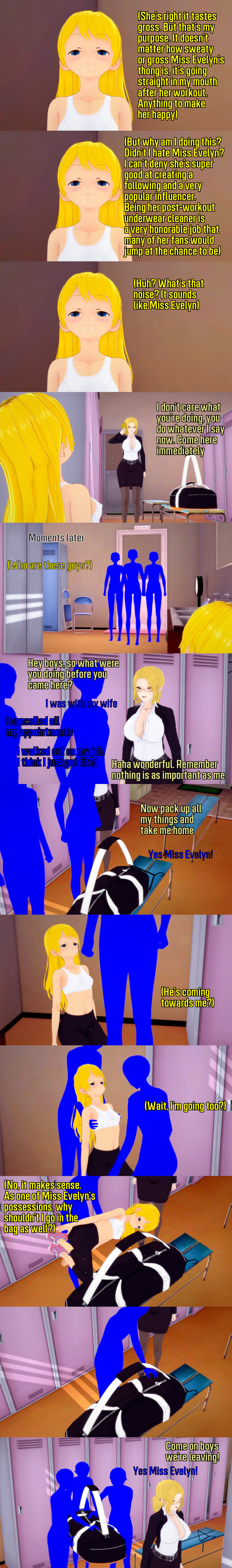 absurdres black_eyes blonde_hair blue_eyes clothed dialogue drool english_text evelyn_fox_(veritas) femsub glasses gym_uniform human_furniture kneeling lauren_(veritas) locker_room long_hair malesub multiple_boys multiple_girls multiple_subs nipples text veritas zenin1