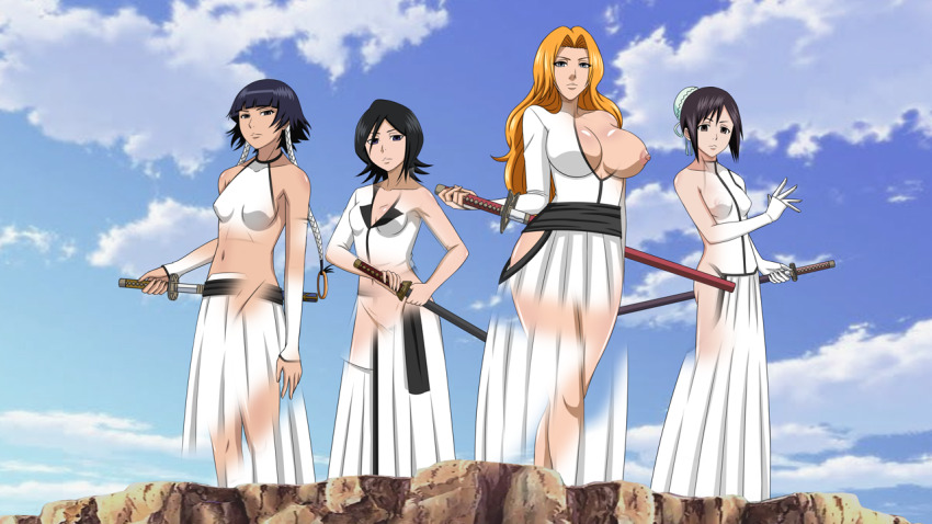 bleach doggos_doujins enemy_conversion exposed_chest expressionless femsub illusion momo_hinamori multiple_girls rangiku_matsumoto rukia_kuchiki soi_fon sword tagme undressing weapon