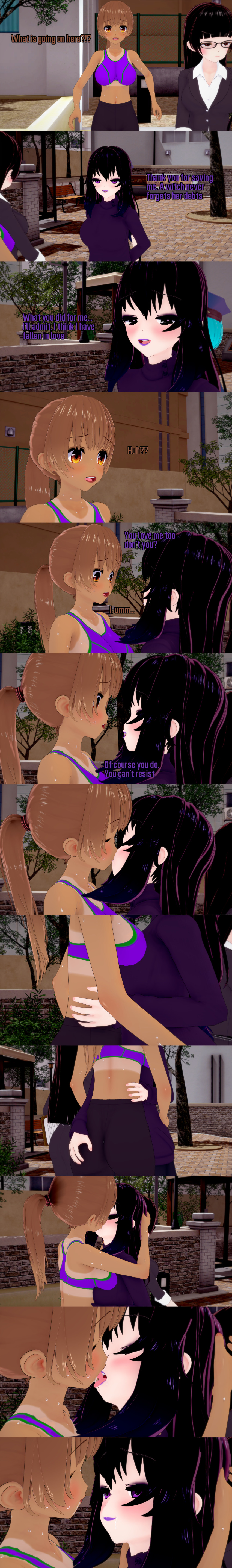 absurdres black_hair brown_eyes brown_hair clothed confused dialogue english_text female_only femdom femsub glasses kissing long_hair multiple_girls multiple_subs ophelia's_dollhouse ophelia_(ophelia's_dollhouse) ponytail purple_eyes scared sportswear sweat tan_lines tan_skin text yuri zenin1