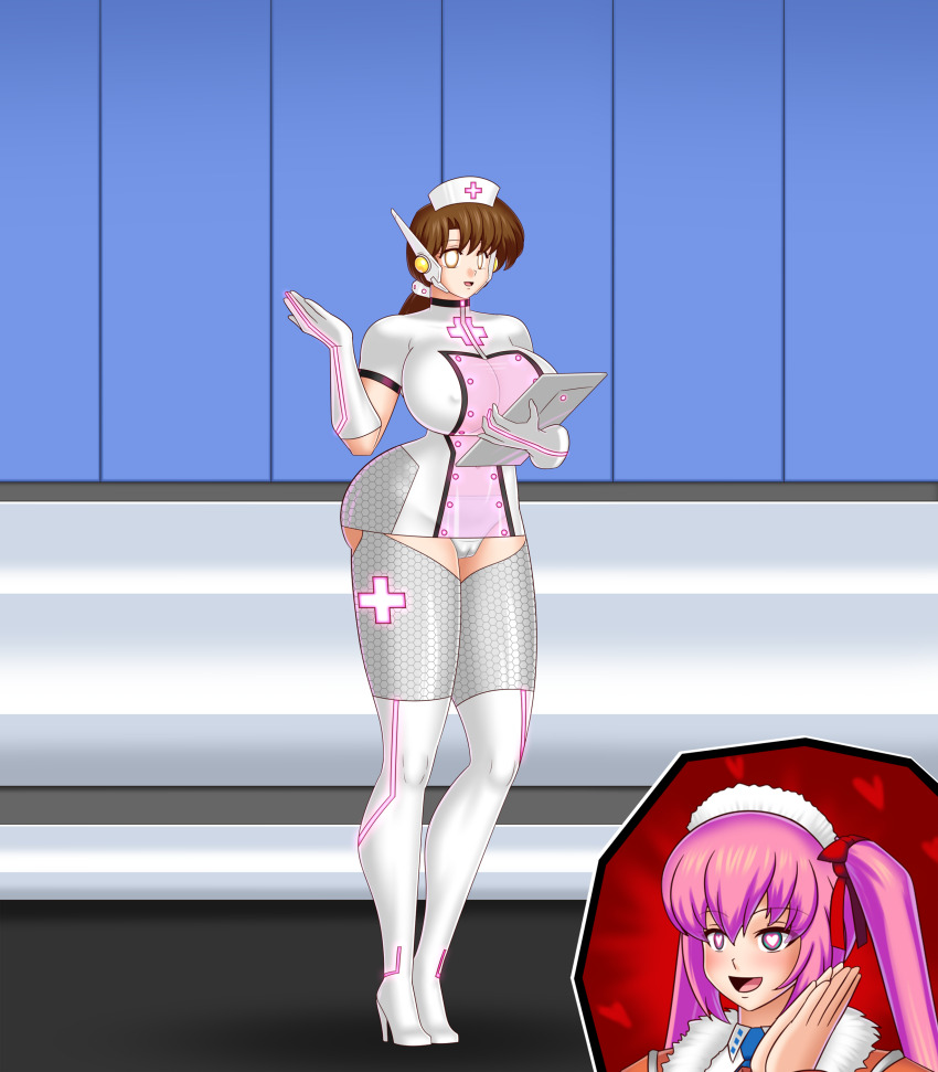 bluebullpen blush boots brown_eyes brown_hair cleavage erect_nipples erect_nipples_under_clothes femdom femsub gloves glowing_eyes green_eyes hair_ribbon happy_trance heart_eyes high_heels huge_breasts kasumi_tendo long_hair nurse original panties pink_hair ponytail ranma_1/2 robot_girl robotization sayori_sione_(saymet) see-through smile story tech_control thick_thighs twintails uniform