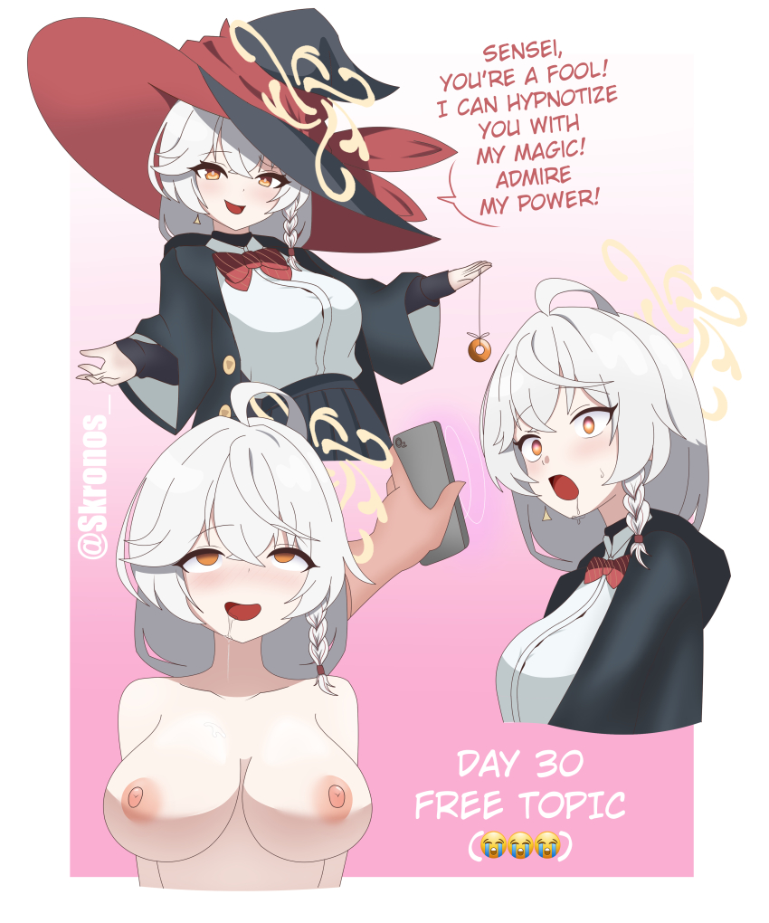 absurdres ahoge blue_archive border bow_tie braid breasts cell_phone dialogue drool empty_eyes eri_(blue_archive) expressionless eye_roll female_only femsub gradient_background happy_trance humiliation hypnotic_screen hypnovember kronobas28 large_breasts long_hair looking_at_viewer multiple_views open_mouth orange_eyes pendulum phone pink_background shrunken_irises simple_background smile speech_bubble tech_control text topless white_hair witch witch_hat