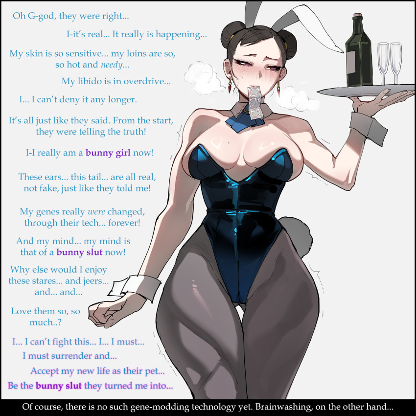 altered_perception bunnysuit caption chun-li condom_in_mouth empty_eyes femsub manip pantyhose ratatatat74 stewarone_(manipper) street_fighter text