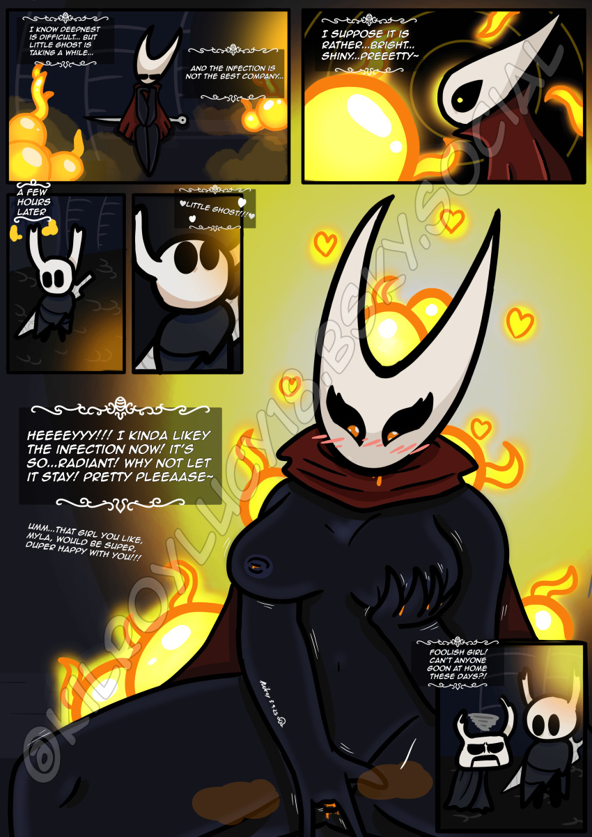 bimbofication blush brain_drain bug_boy bug_girl cloak comic dialogue drool femsub fingering groping happy_trance hollow_knight_(series) hornet_(hollow_knight) hypnotic_gas hypnotic_light kilroylucy18 knight_(hollow_knight) lactation large_breasts large_hips masturbation nipples nude orange_eyes parasite pussy_juice text virus zote_(hollow_knight)