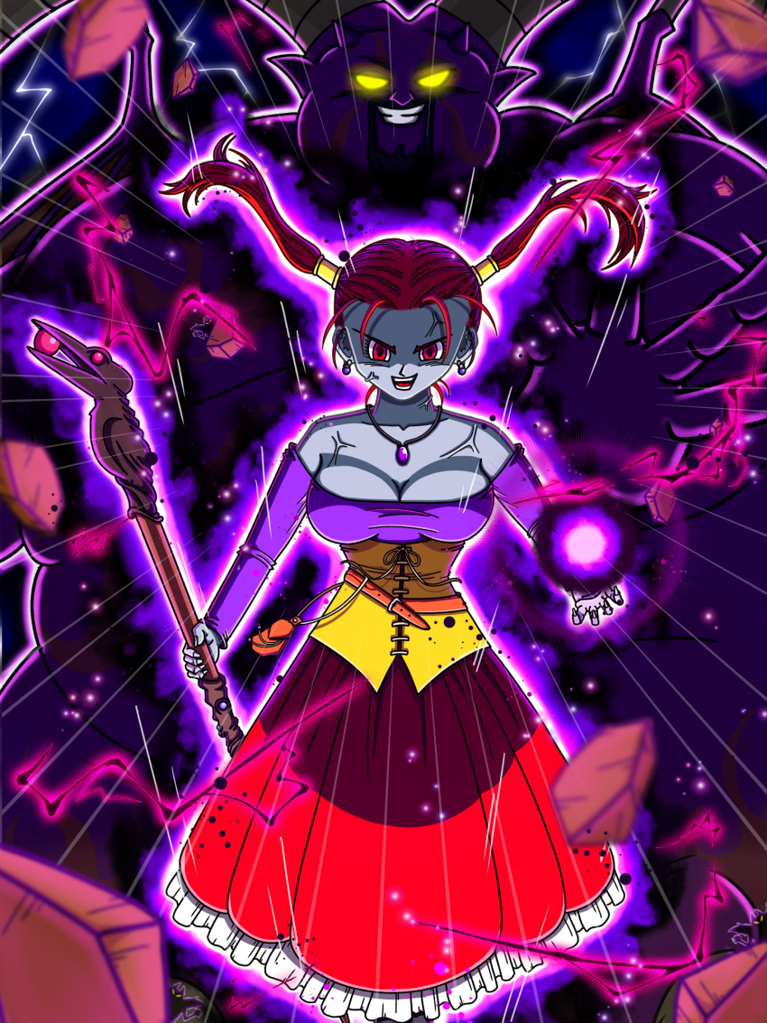 alternate_color_scheme aura bare_shoulders beard blue_skin breasts cleavage corruption dragon_quest_(series) dragon_quest_viii earrings elf_ears evil_smile femsub glowing glowing_eyes happy_trance horns jessica_albert jewelry large_breasts long_hair looking_at_viewer magic maledom mumifu necklace orb possession purple_skin red_eyes red_hair rhapthorne smile square_enix staff twintails weapon yellow_eyes