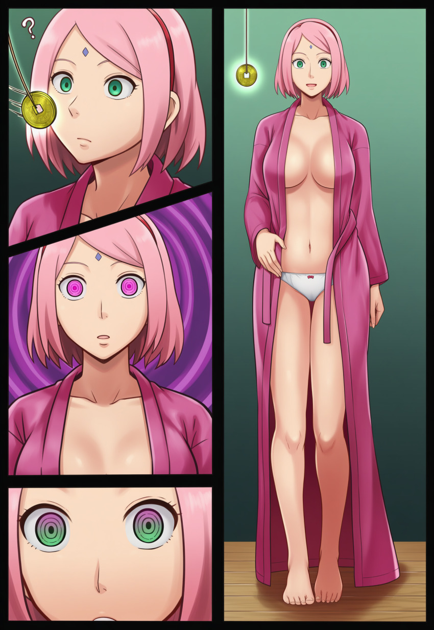 ai_art barefoot breasts comic empty_eyes expressionless feet femsub green_eyes happy_trance headband hellsing002_(generator) naruto_(series) panties pendulum pink_eyes pink_hair robe sakura_haruno spiral spiral_background spiral_eyes symbol_in_eyes