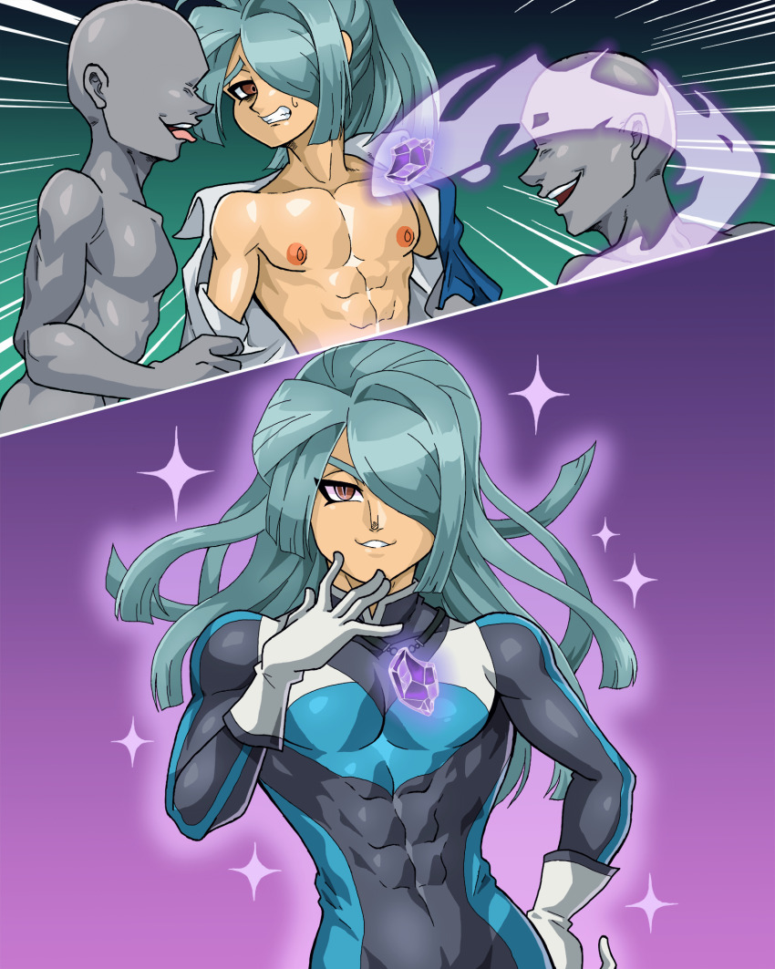 abs assertive_sub before_and_after blue_hair bodysuit brown_eyes corruption crystal femboy glowing glowing_eyes hand_on_hip hypnotic_accessory ichirouta_kazemaru inazuma_eleven jewelry long_hair male_only malesub schlumper tight_clothing undressing