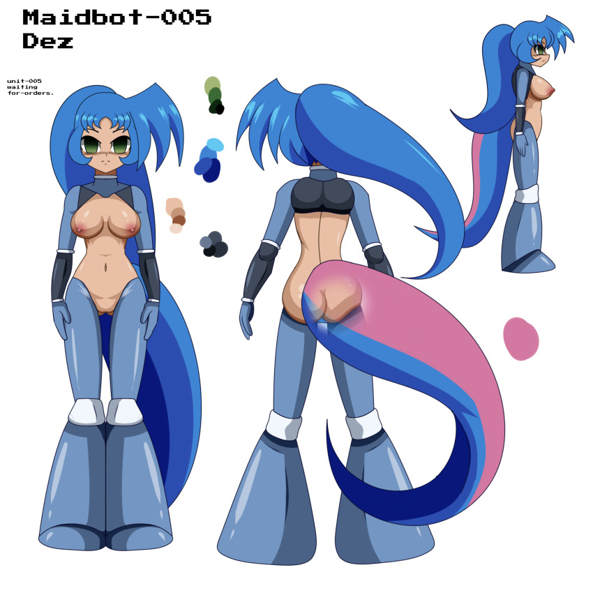 character_profile clothed_exposure dez_the_salandit empty_eyes expressionless femsub idpet nude original ponytail robotic_trance standing_at_attention tail text