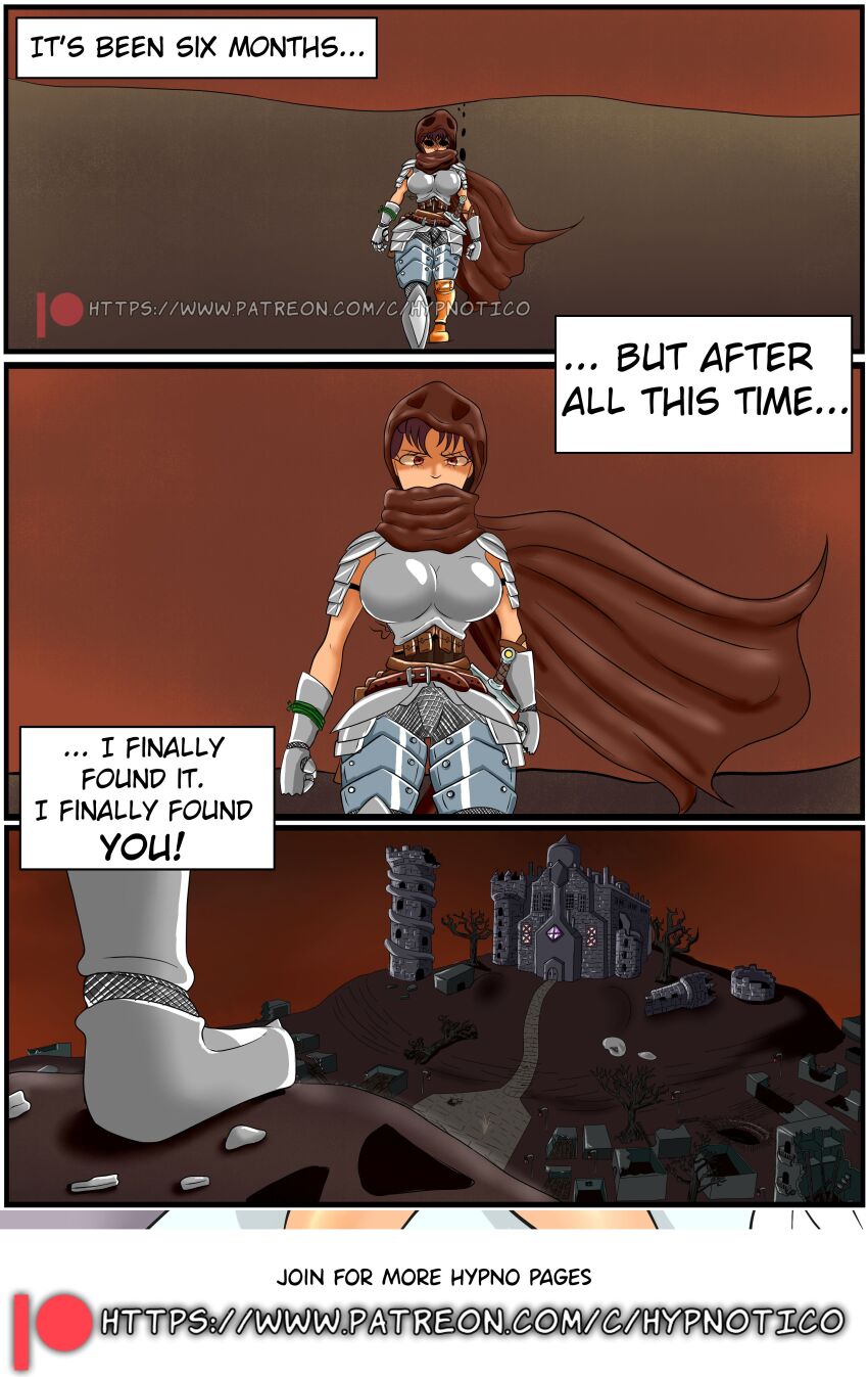 aiko_hajime_shin armor cape comic gauntlets how_i_became_my_masters_slave hypnotico large_breasts large_hips speech_bubble text