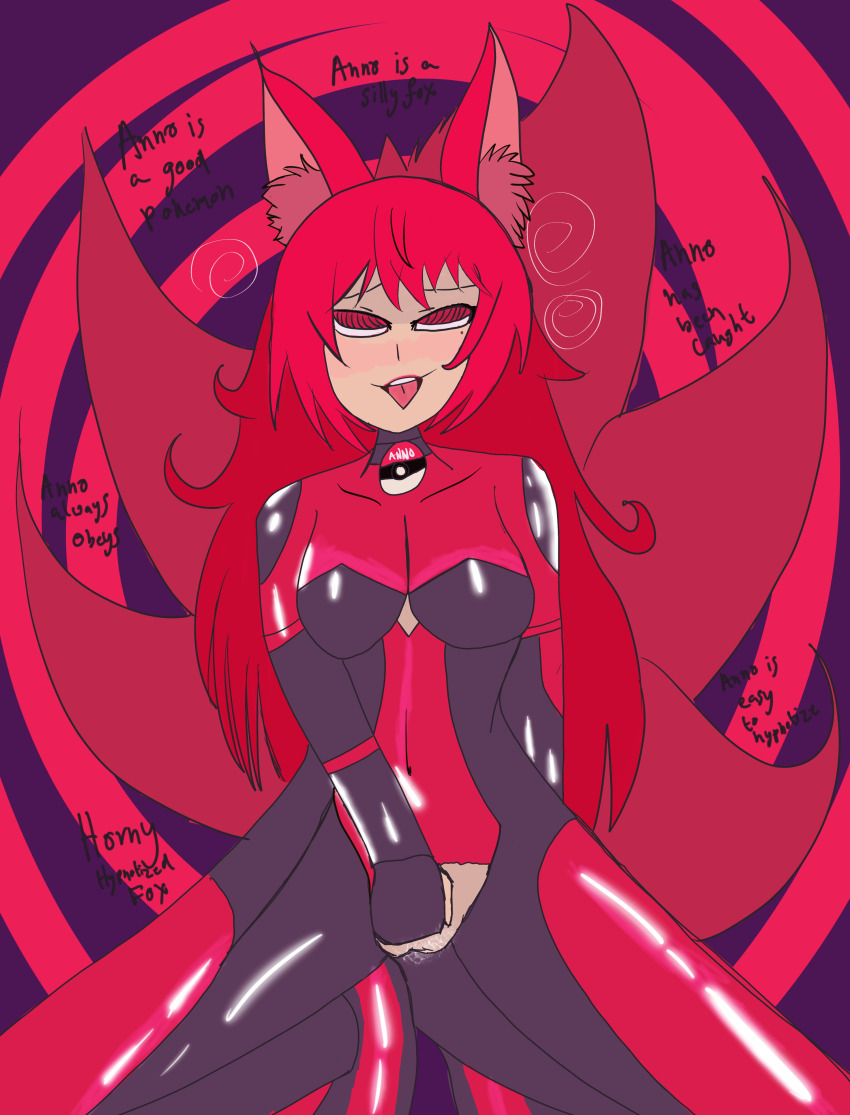 absurdres anno_(anno) blush fingering fox_ears fox_girl fox_tail happy_trance kitsune_girl latex mantra masturbation mole original pokeball red_eyes red_hair shysketches spiral_eyes tongue_out