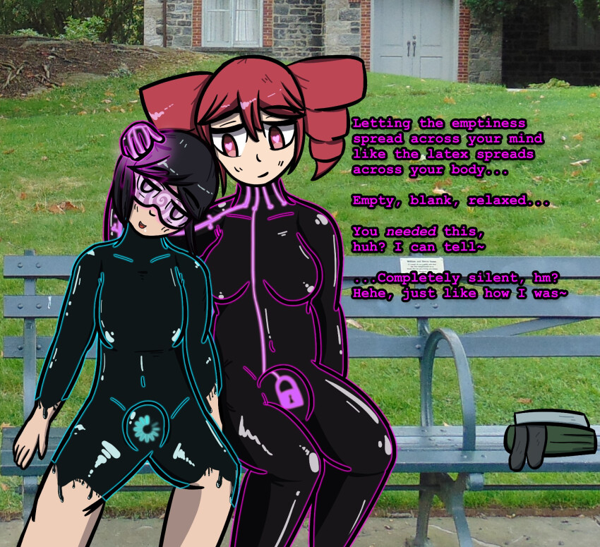 aware black_hair bodysuit bulge chair collarbone consensual drill_hair drone dronification drool eyebrows_visible_through_hair female_only femdom femsub glowing good_sub_conditioning hand_on_head happy_trance heart_eyes hypnotic_hands hypnotized_hypnotist iris_azure large_breasts latex navel null_bulge open_mouth outdoors pink_eyes purple_eyes red_hair short_hair sitting smile spiral spread_legs tech_control teto_kasane trance_delightful transfem transgender_identity visor vocaloid wholesome