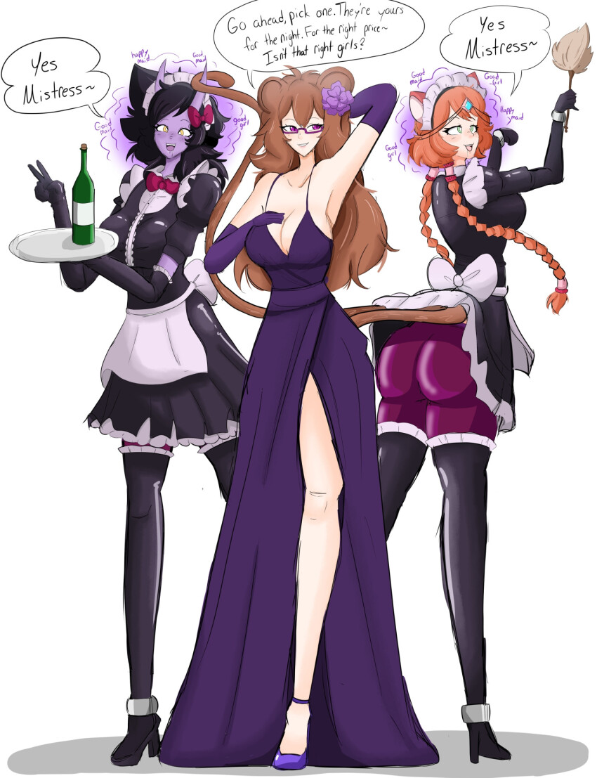 a_singular_fish ahoge amber_(a_singular_fish) animal_ears apron armpits arms_above_head ass bare_shoulders black_hair boots bottle bracers brown_hair cat_girl cleavage collarbone demon_girl dress_shirt drool female_only femdom femsub flower flower_in_hair forced_employee glasses gloves green_eyes hair_ribbon happy_trance headdress high_heels horns jewelry kanani_(mamaclockie) large_ass large_breasts latex looking_back maid maid_headdress monkey_girl open_mouth opera_gloves orange_hair original purple_eyes purple_skin ribbon side_slits sideboob simple_background skirt skirt_lift smile tail text tight_clothing tray twin_braids unfocused_eyes v viltai_(viltai) white_background yellow_eyes