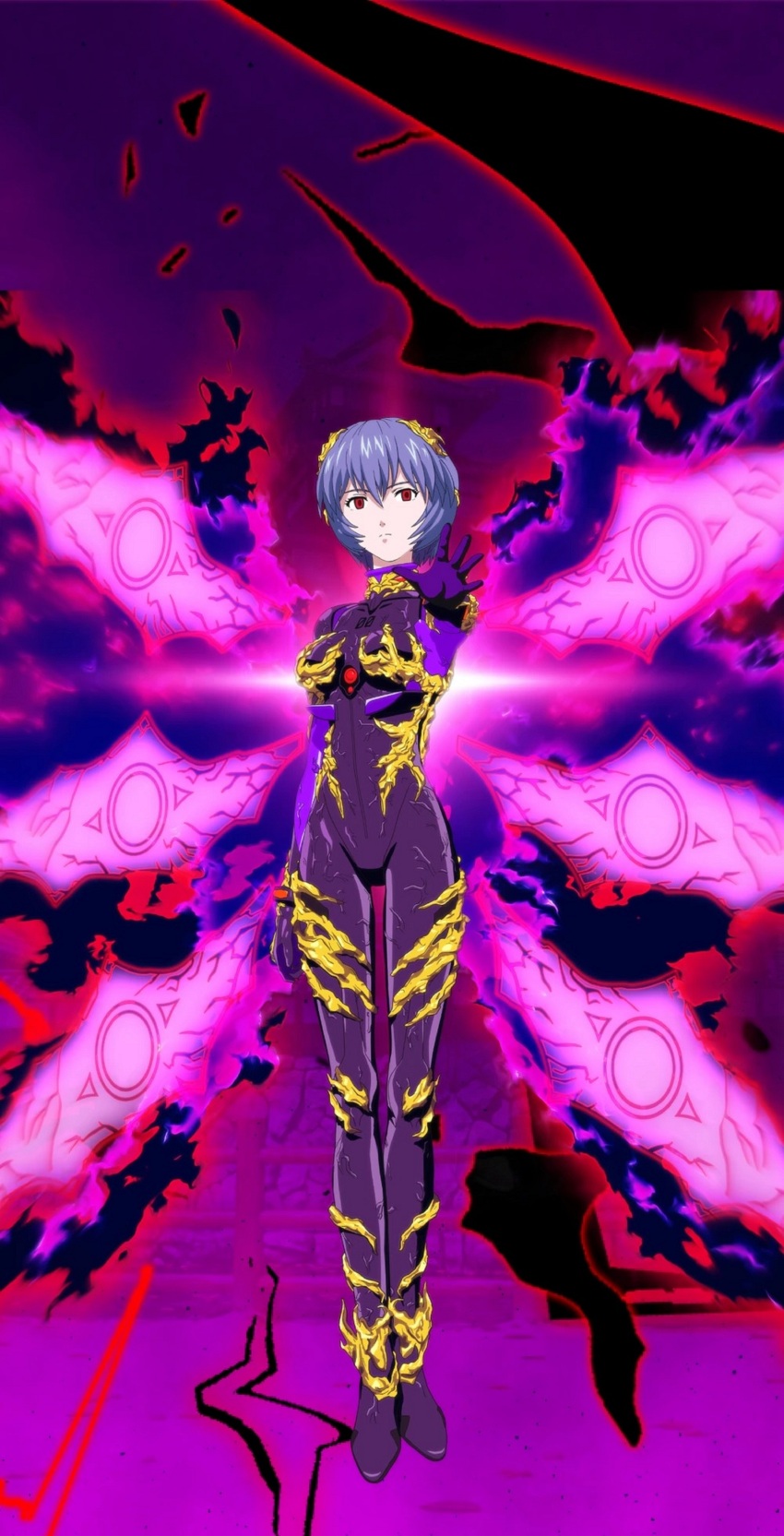 alternate_costume alternate_hair_color artist_request aura bodysuit breasts corruption crossover empty_eyes expressionless femsub floating godzilla_(series) king_ghidorah looking_at_viewer neon_genesis_evangelion possession purple_hair red_eyes rei_ayanami short_hair wings