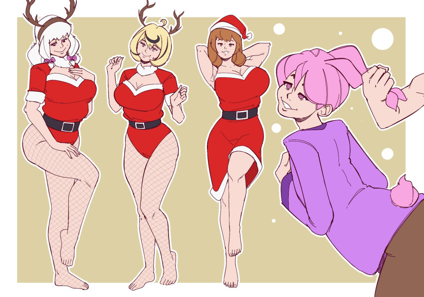 ahoge antlers armpits arms_behind_back bare_legs bare_shoulders barefoot belt black_hair blonde_hair border brown_eyes brown_hair bunny_ears bunny_girl character_request christmas cleavage cleavage_cutout collarbone doggy_style dress efalabrino feet female_only femsub fishnets from_behind hair_pulling happy_trance large_breasts legs_up leotard long_hair multicolored_hair multiple_girls multiple_subs pants pink_eyes pink_hair posing ring_eyes santa_hat scarf shirt short_hair simple_background skirt smile tail white_hair wide_hips yellow_background
