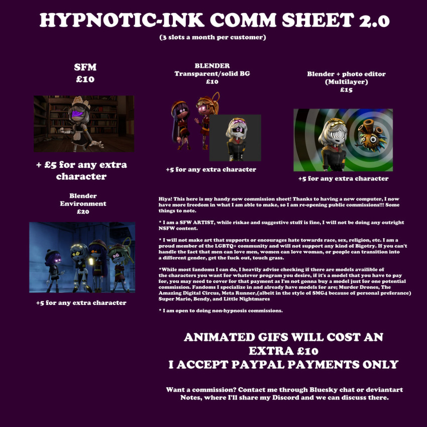 blender blonde_hair commission_sheet doll_(murder_drones) donkey_kong_(series) happy_trance hypnotic-ink lizzy_(murder_drones) maid murder_drones nintendo pink_eyes purple_eyes purple_hair serial_designation_v source_filmmaker spiral_eyes tiki_tak_tribe uzi_doorman white_hair yellow_eyes