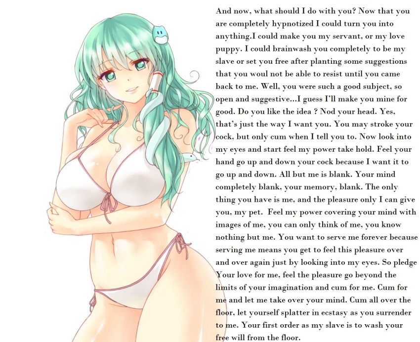 caption femdom green_eyes green_hair hypnotic_eyes hypsubject_(manipper) love manip masturbation_command memory_alteration orgasm_command pov pov_sub sanae_kochiya text touhou
