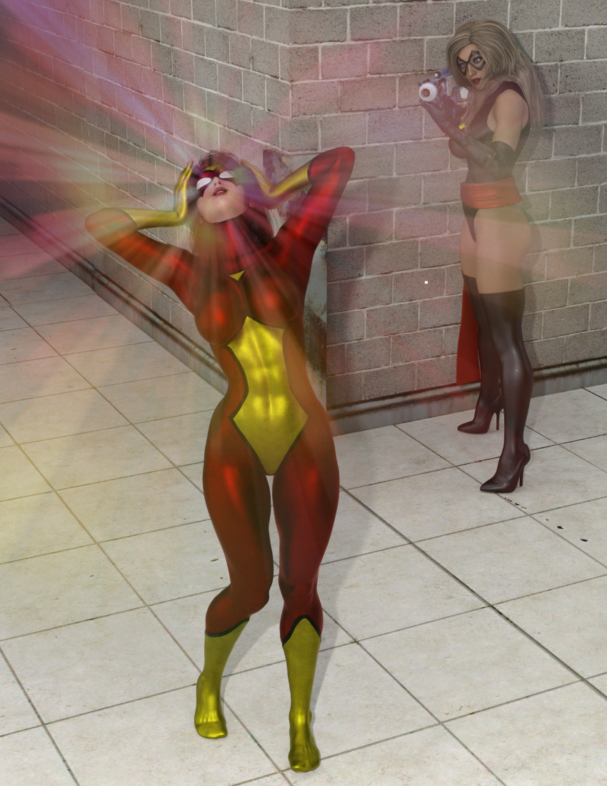 3d abs bare_shoulders belt black_hair blonde_hair blue_eyes bodysuit boots eye_mask female_only femdom femsub gloves high_heels hypnotized_dom hypnotized_hypnotist leotard lipstick makeup marvel_comics mask member9 ms._marvel multiple_girls multiple_subs opera_gloves resisting spider-man_(series) spider-woman standing super_hero thigh_boots thighhighs weapon