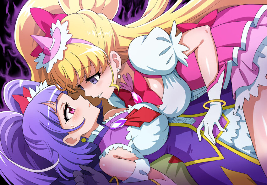 blonde_hair blush corruption cure_magical cure_miracle dress empty_eyes female_only femdom femsub gloves hair_ornament happy_trance jewelry magical_girl mahou_tsukai_precure mirai_asahina pink_eyes precure purple_eyes purple_hair riko_izayoi smile yandere yuri