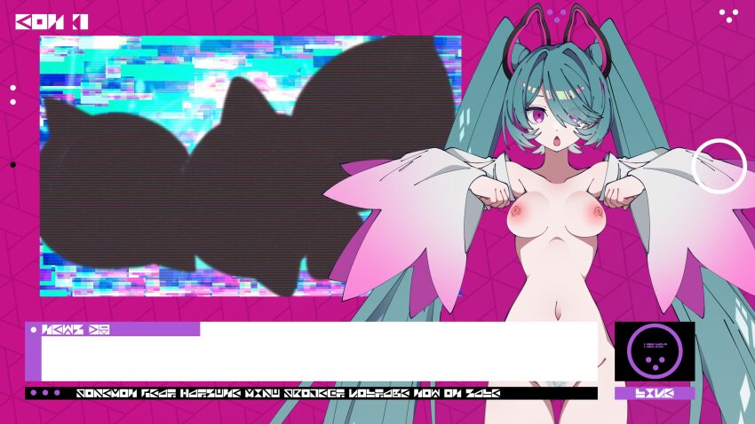 blue_hair blush breasts chicken_pose expressionless femsub hair_covering_one_eye hair_ornament long_hair miku_hatsune mochi_dance mysterious_zone nazonobasho nintendo nude open_mouth pecharunt pink_eyes pokemon project_voltage pubic_hair sweat twintails vocaloid