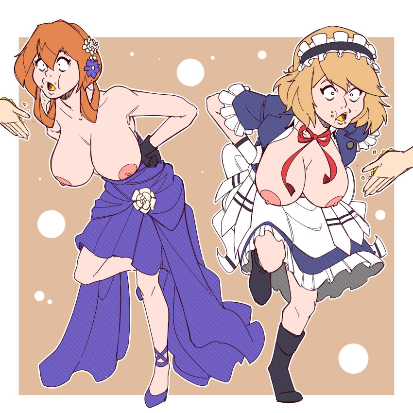bare_shoulders blonde_hair border bow_tie chicken_pose collarbone dress dress_shirt efalabrino female_only femsub flower_in_hair food g36_(girls_frontline) girls_frontline high_heels large_breasts legs maid_headdress multiple_girls multiple_subs nipples no_bra open_clothes open_mouth orange_background orange_hair pet_play ribbon short_hair shrunken_irises simple_background skirt socks springfield_(girls_frontline) topless