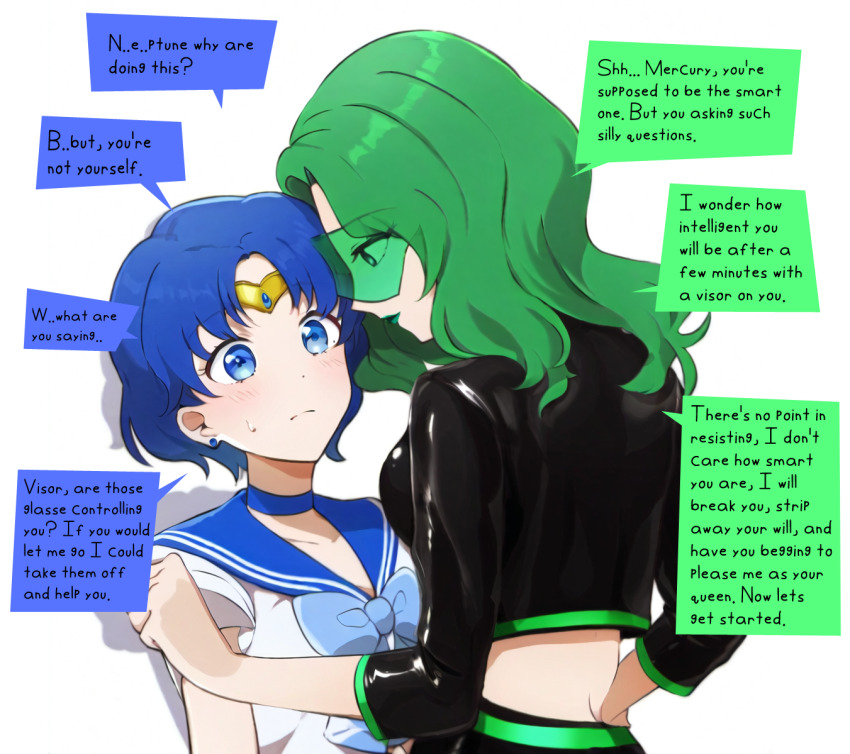 ai_art cx9000_(generator) dialogue female_only femdom femsub hypnotized_dom latex sailor_mercury sailor_moon_(series) sailor_neptune speech_bubble tech_control visor yuri