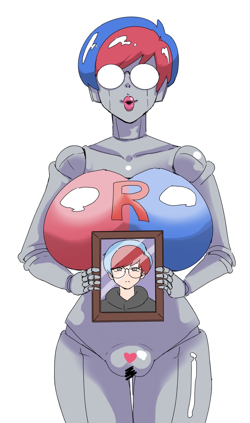 blue_hair censored female_only femsub glasses multicolored_hair nintendo nude penny_(pokemon) pokemon pokemon_scarlet_and_violet pussy red_hair robot robot_girl robotization short_hair simple_background solo team_rocket vivid_moti white_background