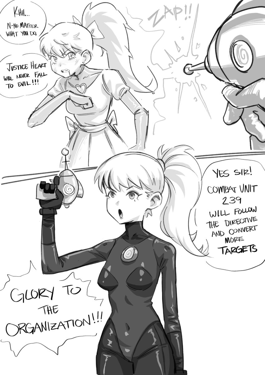 altered_common_sense beam before_and_after bodysuit character_request comic defeated dialogue drone empty_eyes enemy_conversion expressionless female_only femsub gmun gun hypnotic_gun hypnotized_hypnotist hypnovember long_hair magical_girl memetic_control monochrome navel original ponytail raygun solo standing tech_control text weapon