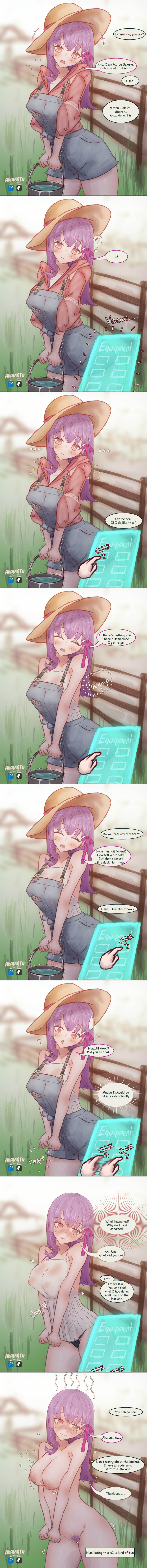 absurdres akamatu blush breasts brown_eyes censored closed_eyes confused cowgirl dialogue embarrassed english_text erect_nipples erect_nipples_under_clothes eyebrows_visible_through_hair fate/grand_order fate/stay_night fate_(series) gameplay_mechanics hair_ribbon hat heart large_breasts lingerie long_hair nipples nude panties phantom_hand pov pov_dom pubic_hair purple_hair ribbon robot_girl sakura_matou sakura_matou_(paper_moon) sequence signature smile surprised tears tech_control text thought_bubble unaware underwear