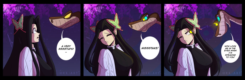 black_hair butterfly comic demon_slayer disney english_text hair_ornament hypnotic_eyes kaa kaa_eyes kanae_kocho multiple_views orkart outdoors resisting signature sitting snake text the_jungle_book trees