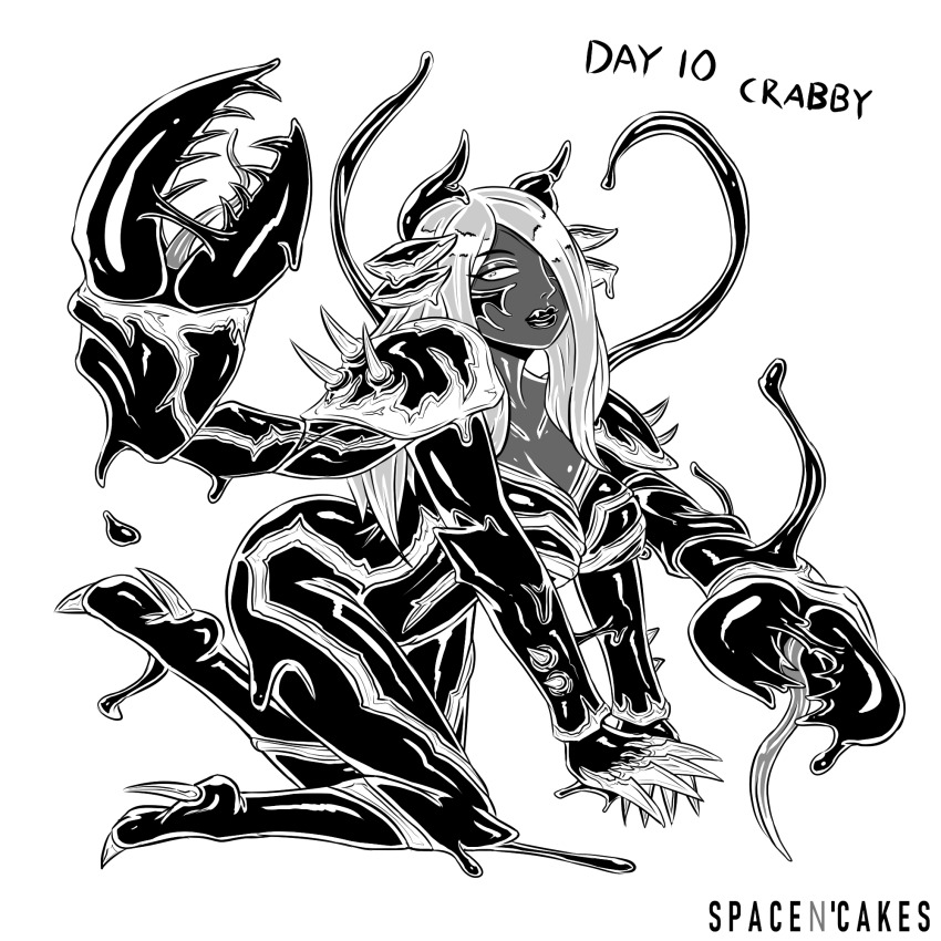 alien alternate_costume androgynous_dom black_lipstick breasts claws cleavage cloud_meadow corruption crab_monster_(cloud_meadow) crossover dark_skin english_text fangs femsub greyscale hair_covering_one_eye high_heels horns large_breasts lipstick living_costume long_hair marvel_comics monster monster_girl nipples open_mouth parasite possession slime spacen&#039;cake spider-man_(series) symbiote tentacles text tongue tongue_out venom_(marvel) white_background white_hair