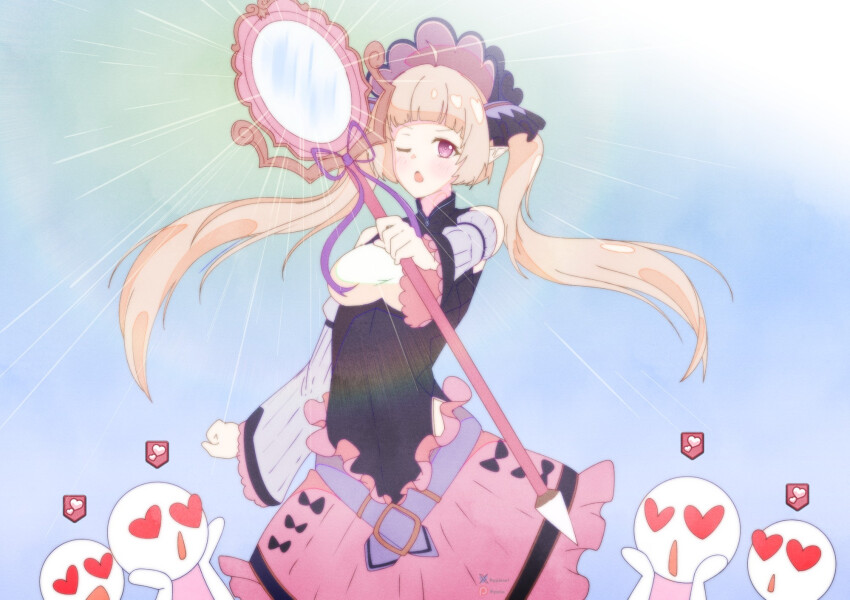 arm_warmers belt blonde_hair blush charm_(spell) crossdressing dress gojulas hair_ornament happy_trance heart heart_eyes hypnovember long_hair looking_at_viewer magic male_only maledom mass_hypnosis mirror one_eye_open open_mouth pink_eyes pov pov_sub princess_connect! ribbon skirt staff twintails yuki_(princess_connect!)