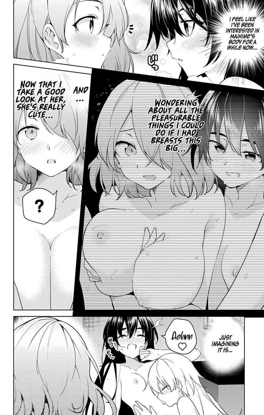 bare_breasts bare_shoulders black_hair blush breast_grab breasts cleavage closed_eyes collarbone comic dialogue dream english_text femdom femsub greyscale groping hair_covering_one_eye harem heart holding_breasts large_breasts licking maihime_shirayuki momoka_momozono monochrome nipples nude official official_art open_mouth pheromones ryouma_kitada sexuality_change short_hair small_breasts sora_tenkuji source_request speech_bubble sub_on_sub super_hxeros sweat symbol thought_bubble tongue very_long_hair yuri